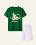 Kids green tee with Pakistan Zindabad above Minar-e-Pakistan and white shorts