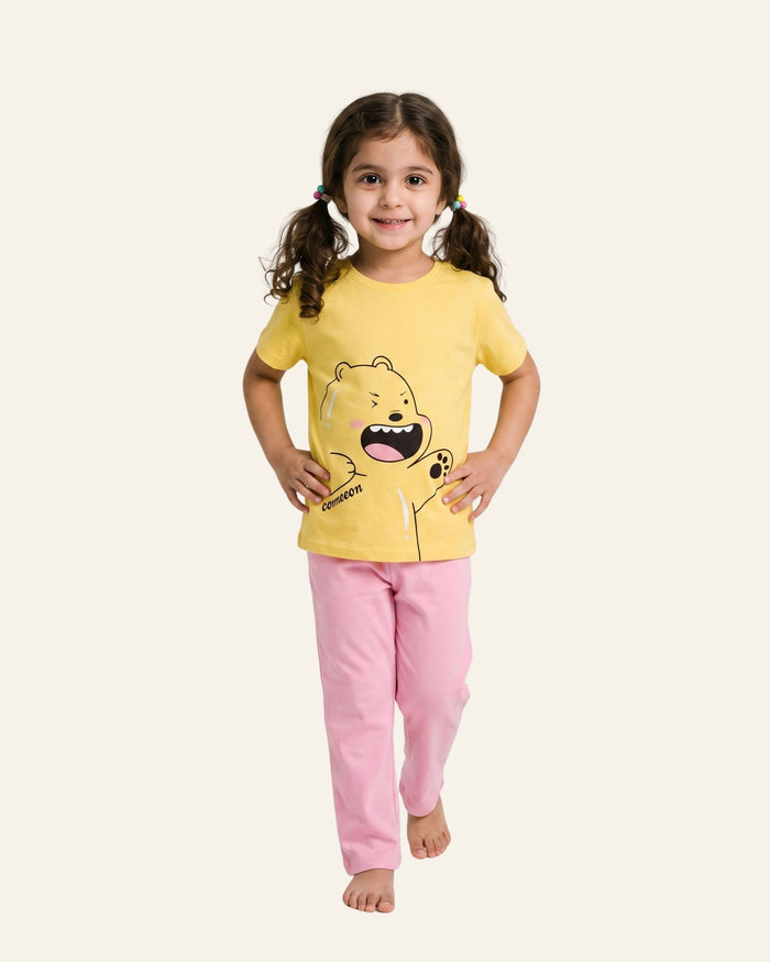Girls Happy Monster Trouser Set — Yellow