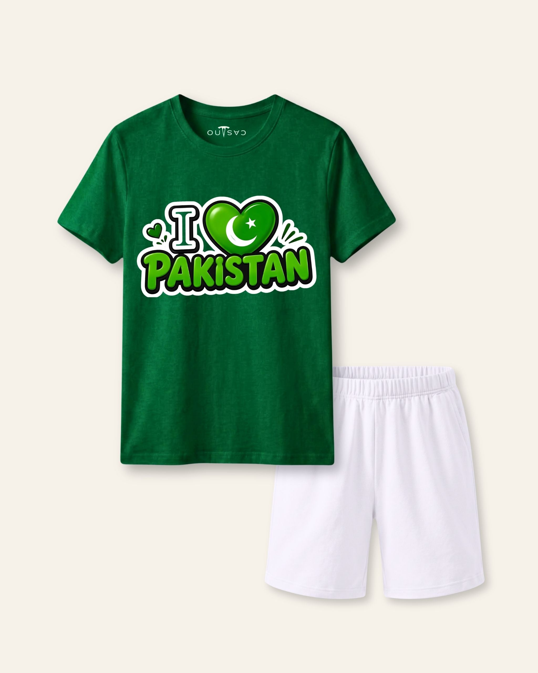 Kids green tee with an I love Pakistan heart print and white shorts