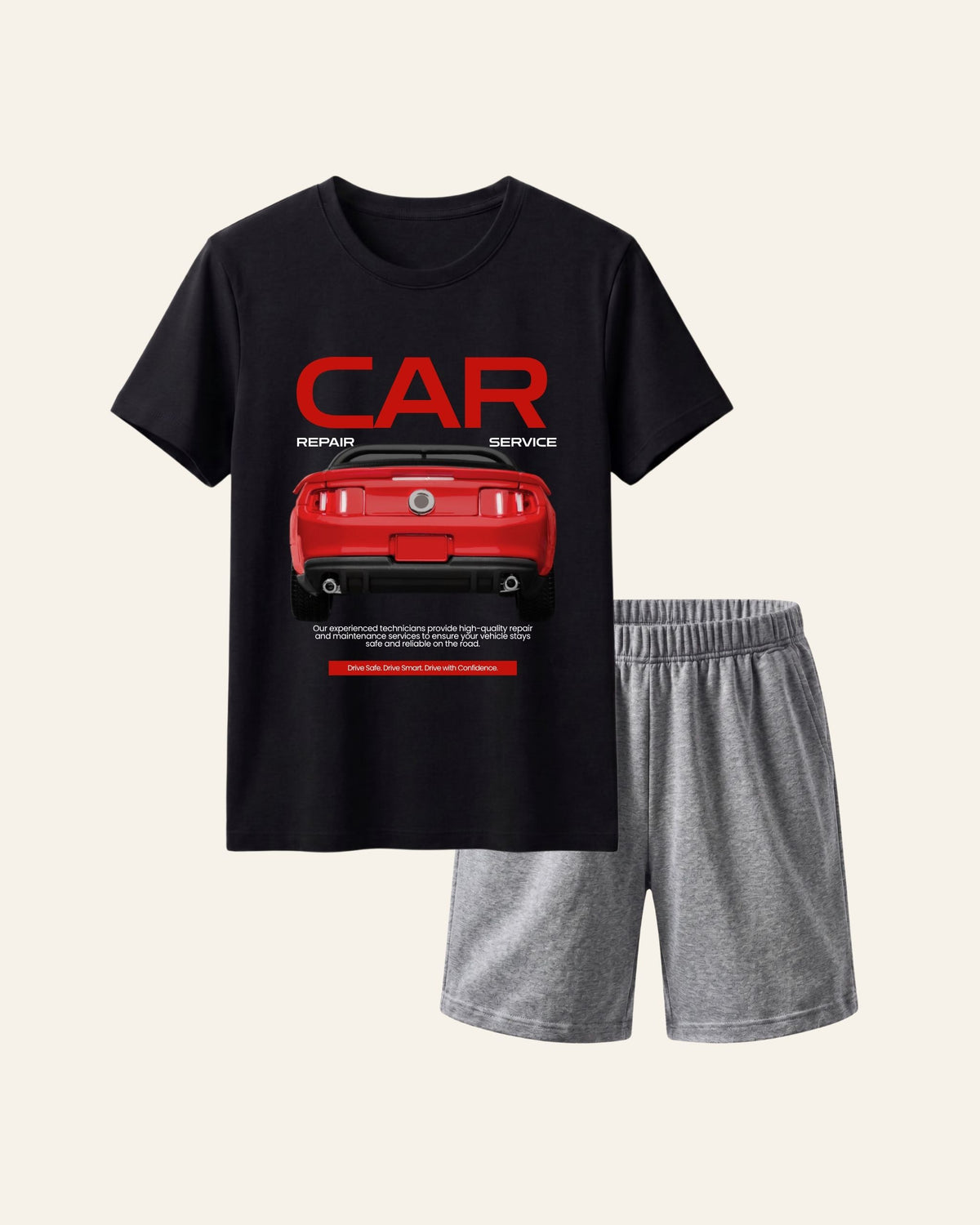 Black kids tee with a red sports car and CAR wordmark print and matching grey shorts