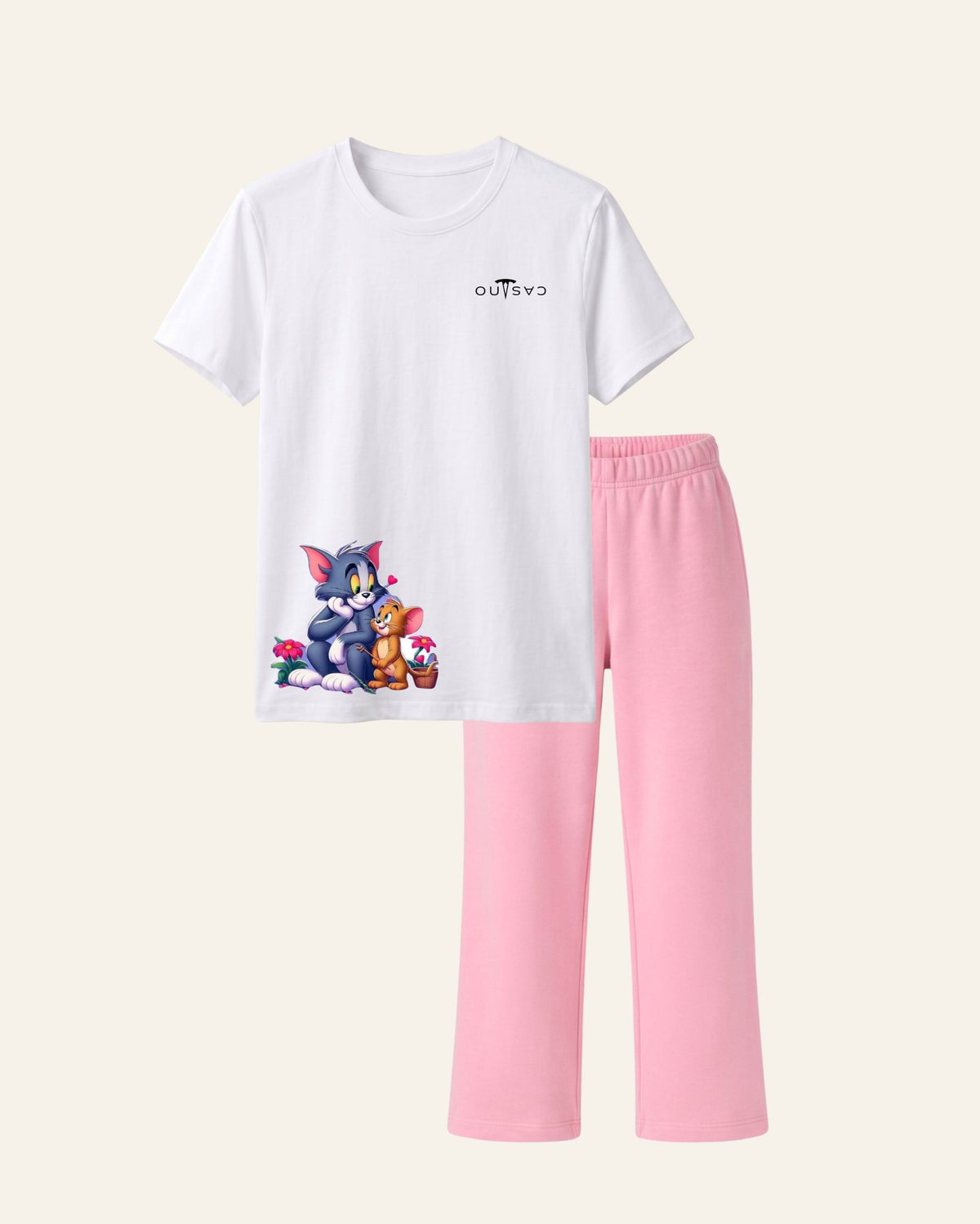 White kids tee with a small cartoon cat and mouse print and matching pink trousers