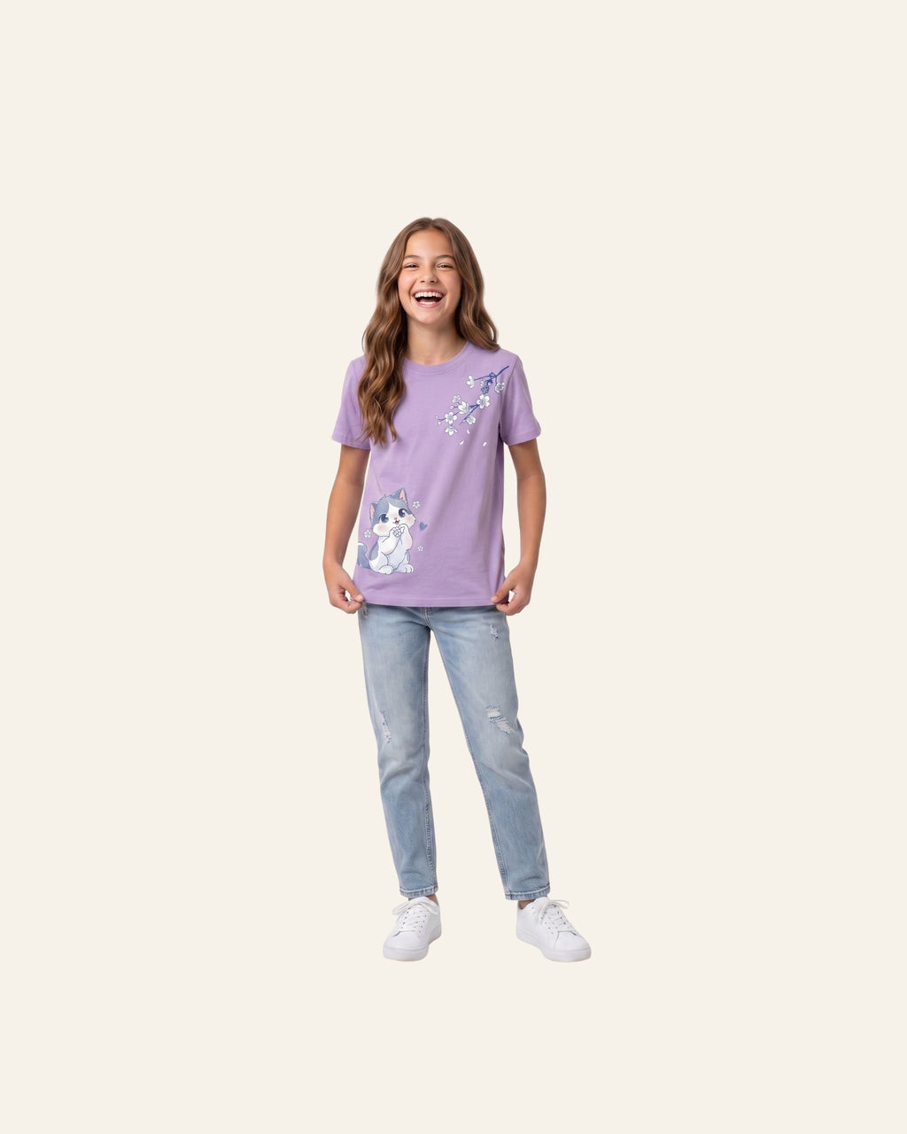 Girls Cat & Butterfly Tee — Lilac