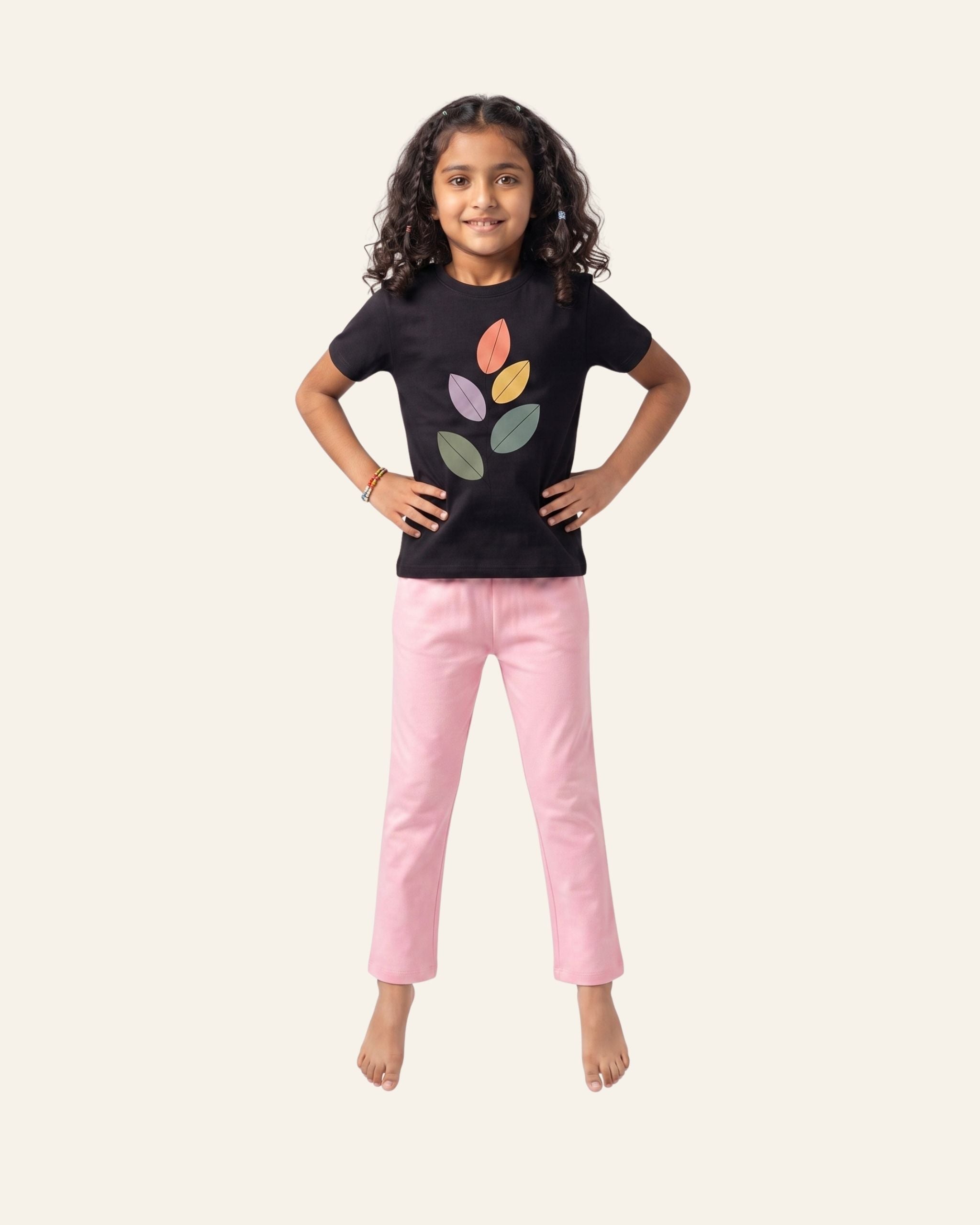 Girls Autumn Leaves Trouser Set — Black