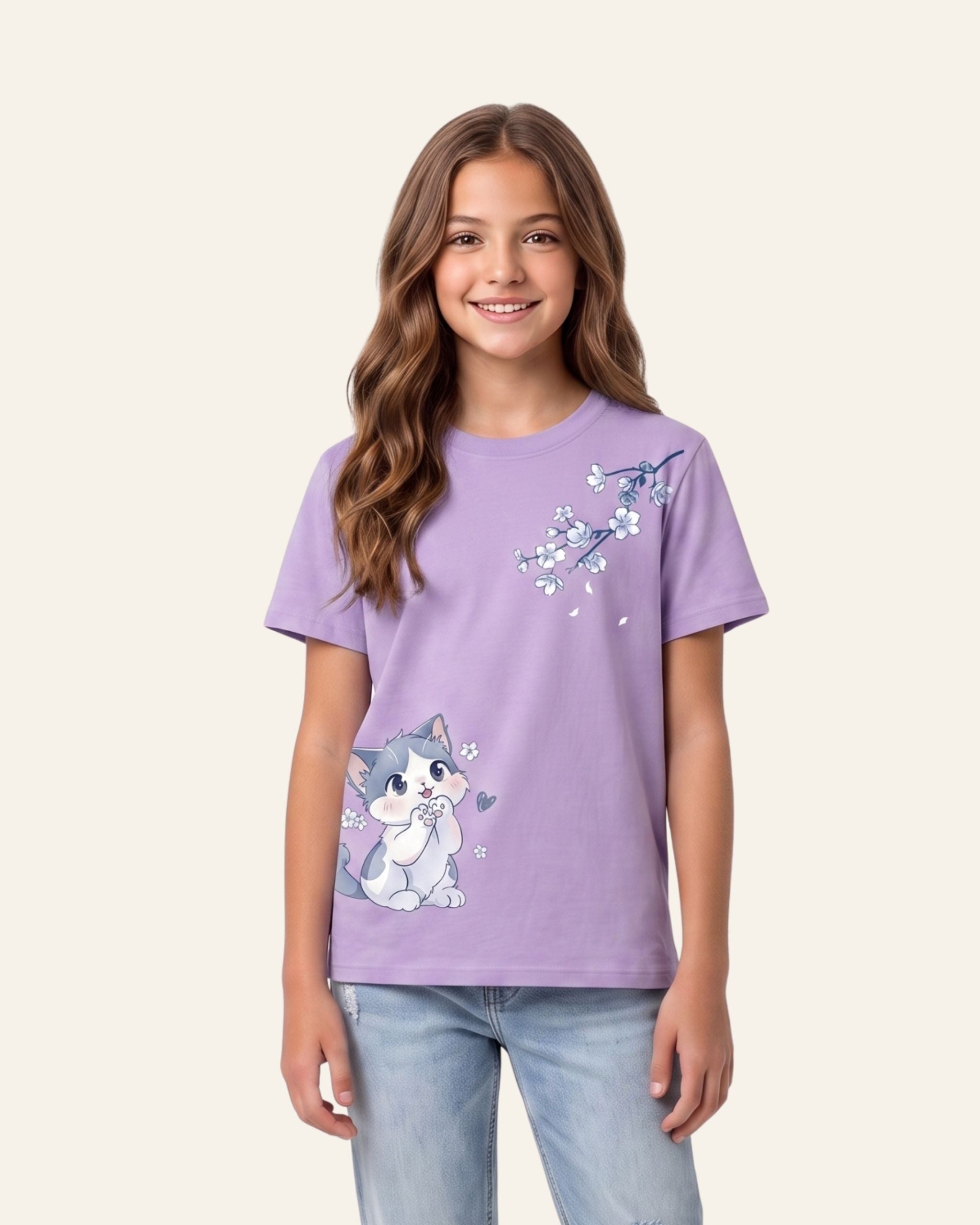 Girls Cat & Butterfly Tee — Lilac
