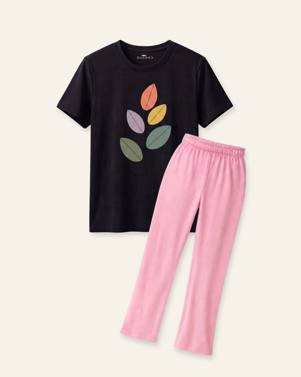 Girls Autumn Leaves Trouser Set — Black