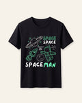 Black kids cotton tee with a neon green astronaut and rocket print