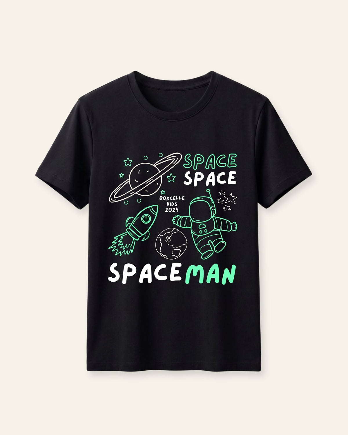 Black kids cotton tee with a neon green astronaut and rocket print
