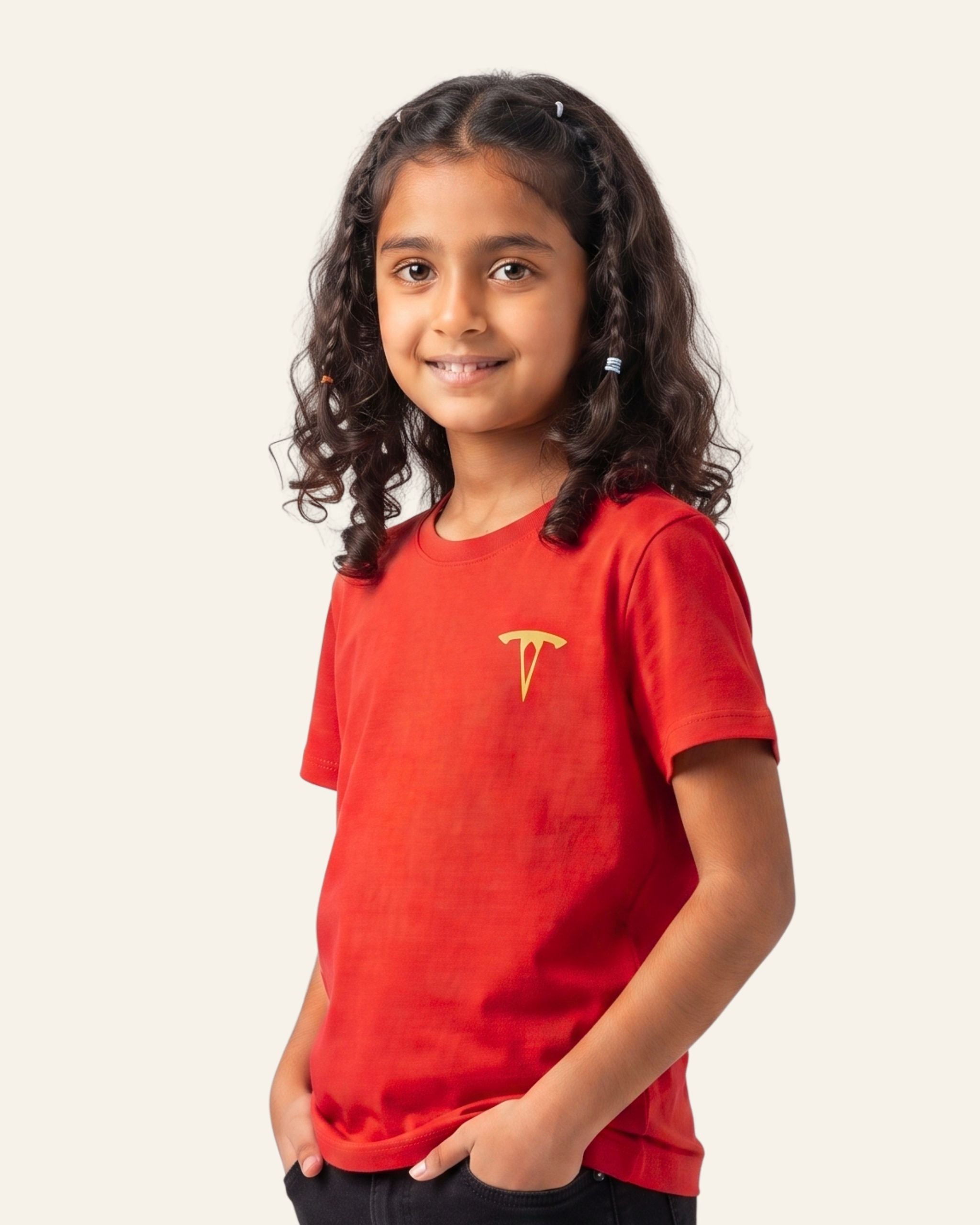 Girl wearing a red OUTCAST basic tee