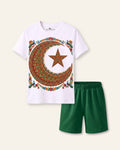 Kids white tee with a truck art crescent and star print and green shorts