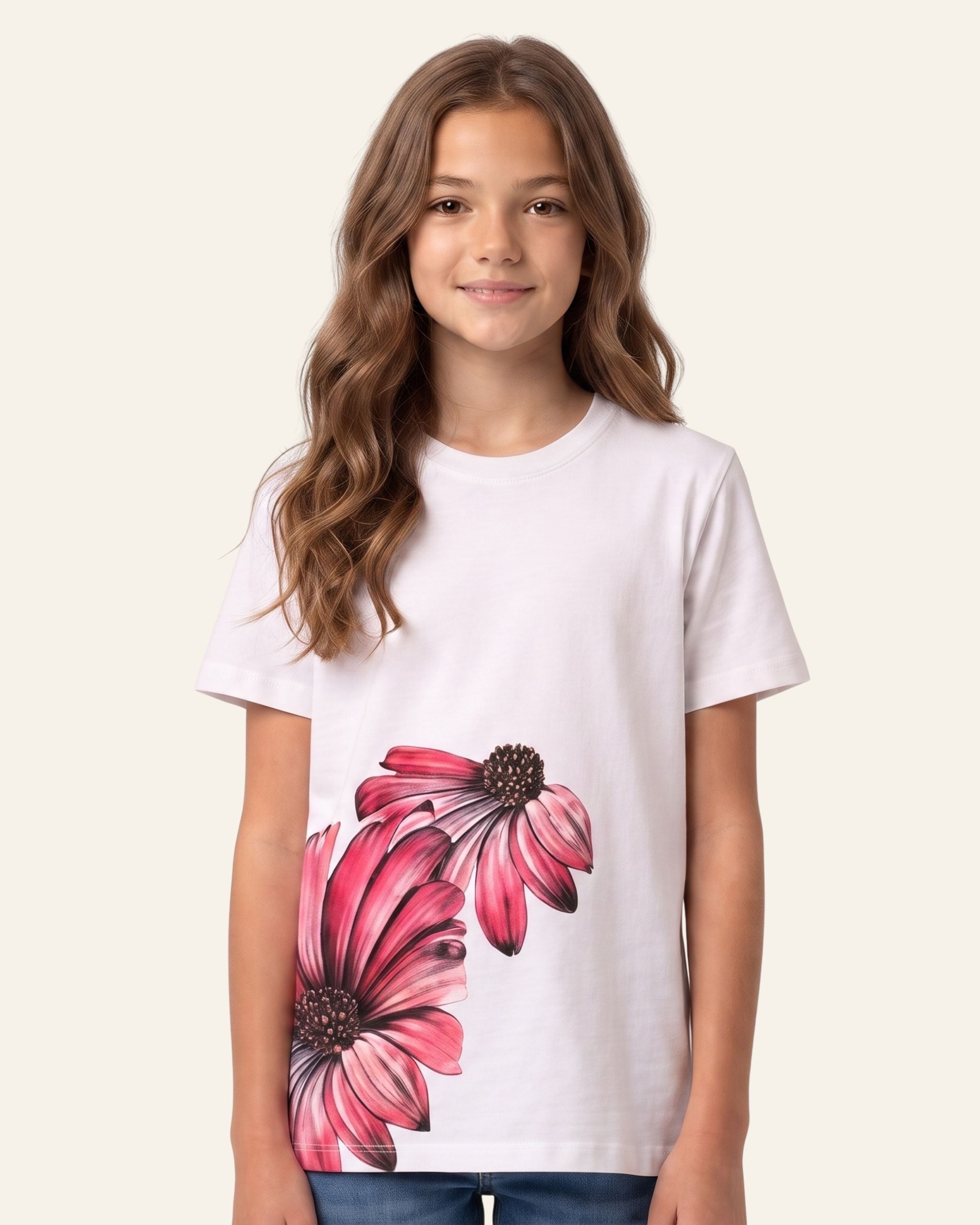 Girls Pink Daisy Tee — White