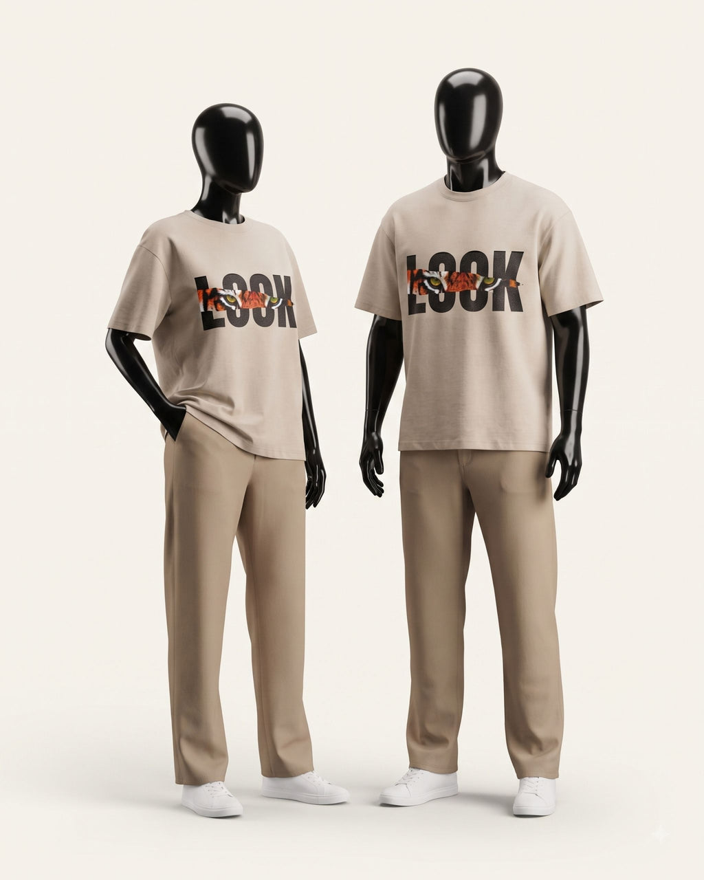 Two adults in matching sand cotton tees with the bold LOOK tiger graphic