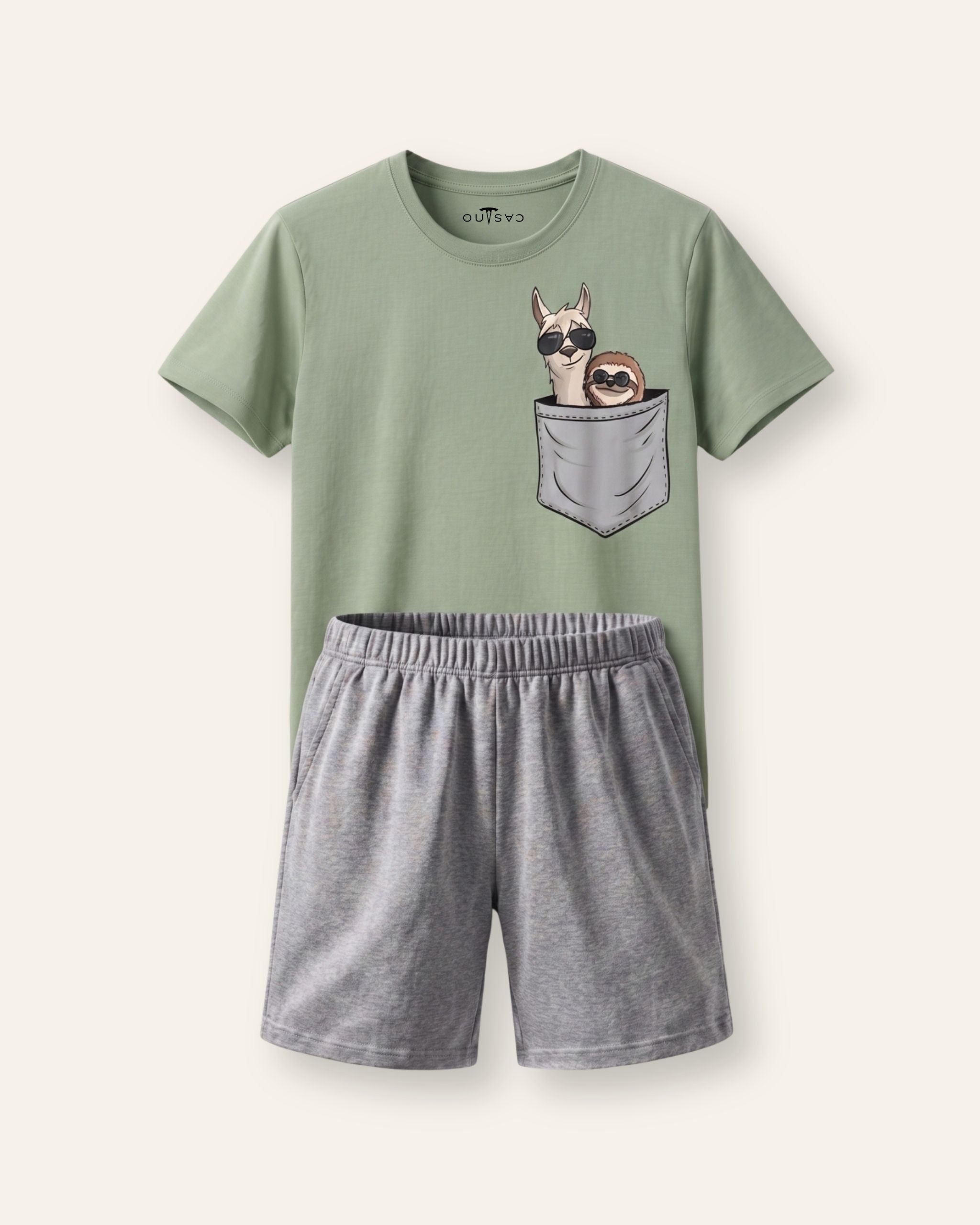 Boys Panda Pocket Shorts Set — Sage
