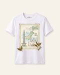 Kids white tee with a vintage postcard print of Minar-e-Pakistan