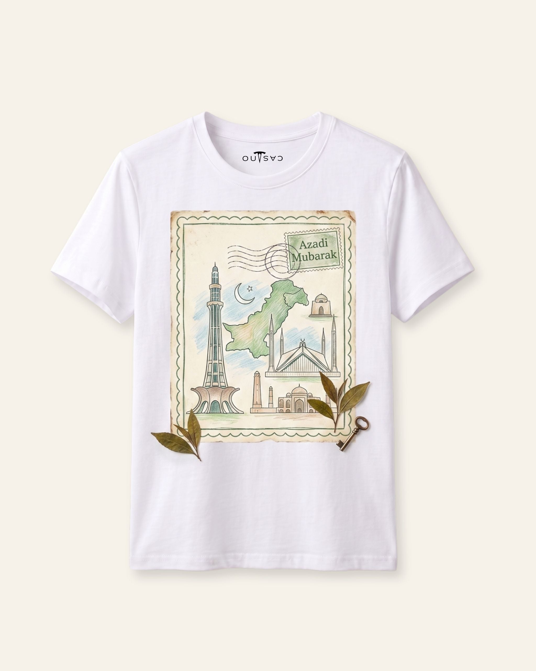 Kids white tee with a vintage postcard print of Minar-e-Pakistan