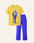 Yellow kids tee with a blue watercolour statue print and matching blue trousers