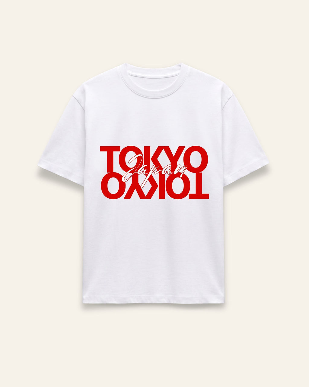 White cotton tee with mirrored red Tokyo graphic printed on the front