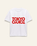 White cotton tee with mirrored red Tokyo graphic printed on the front
