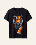 Black kids cotton tee with a full colour tiger portrait print