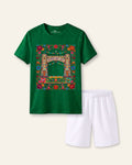 Kids green tee with a truck art frame print and white shorts