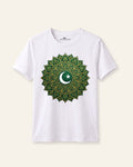 Kids white tee with a crescent inside a green mandala print