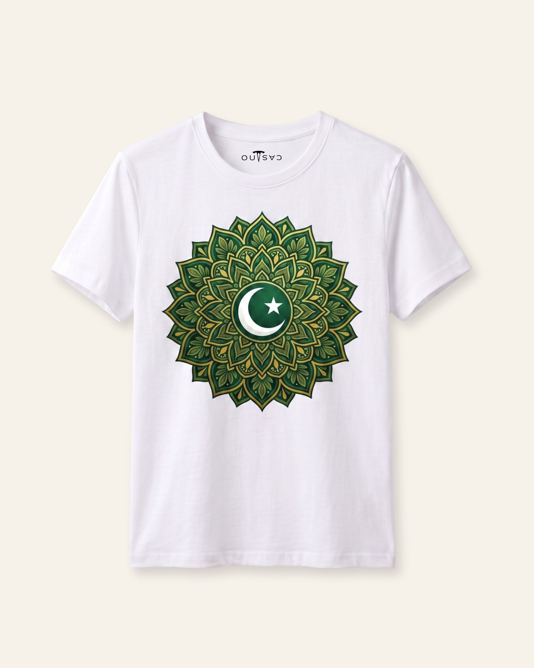 Kids white tee with a crescent inside a green mandala print