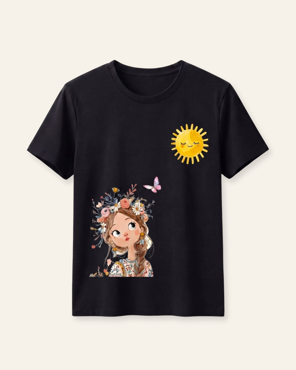 Girls Sunflower Fairy Tee — Black