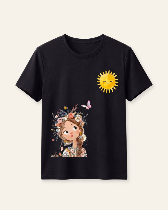 Girls Sunflower Fairy Tee — Black