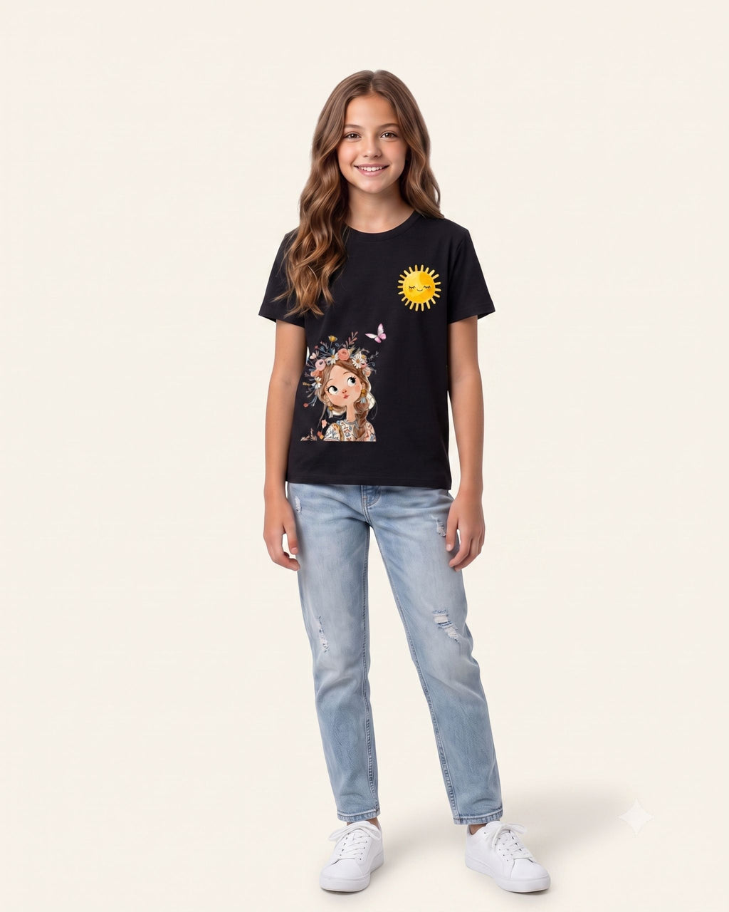Girls Sunflower Fairy Tee — Black