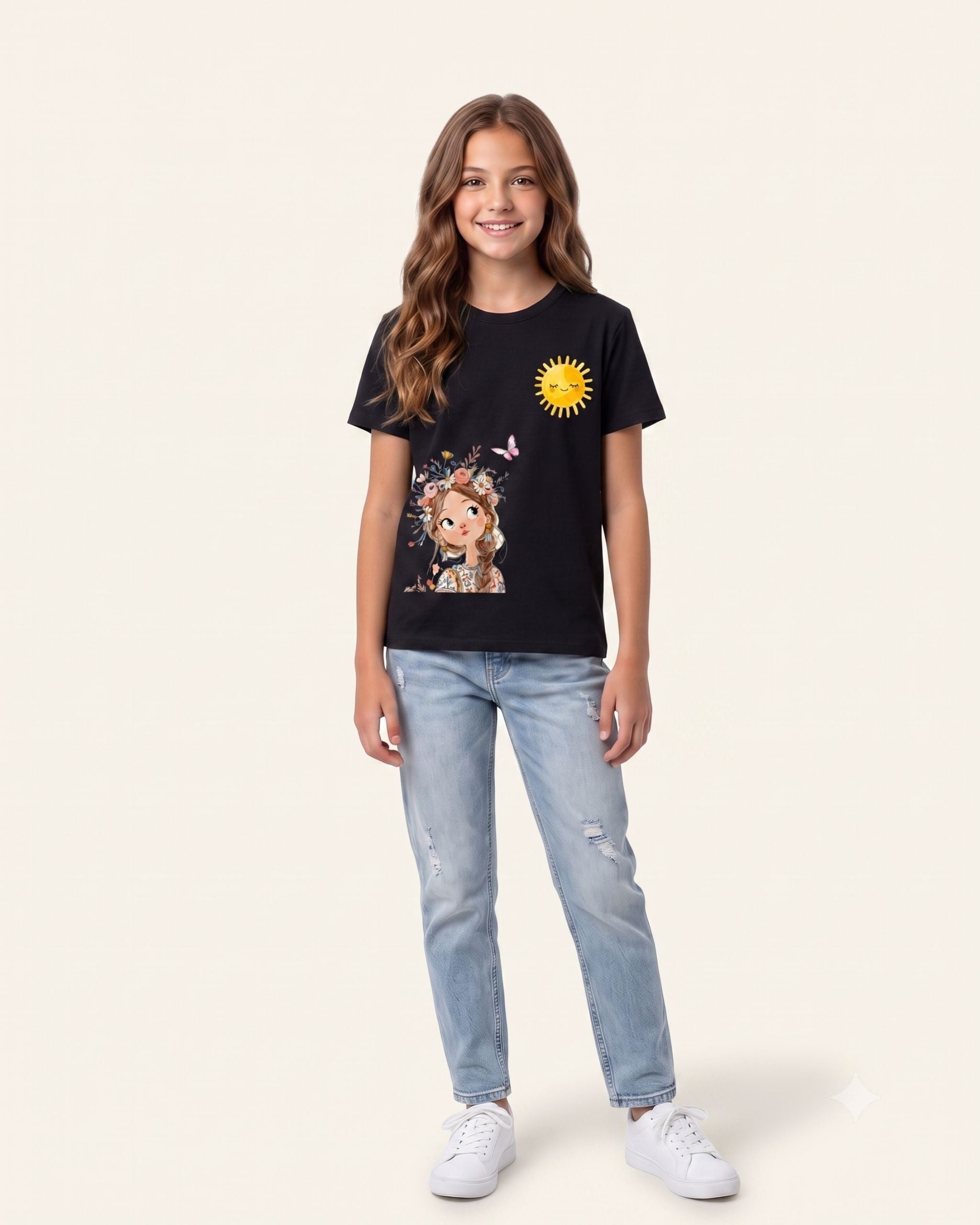 Girls Sunflower Fairy Tee — Black