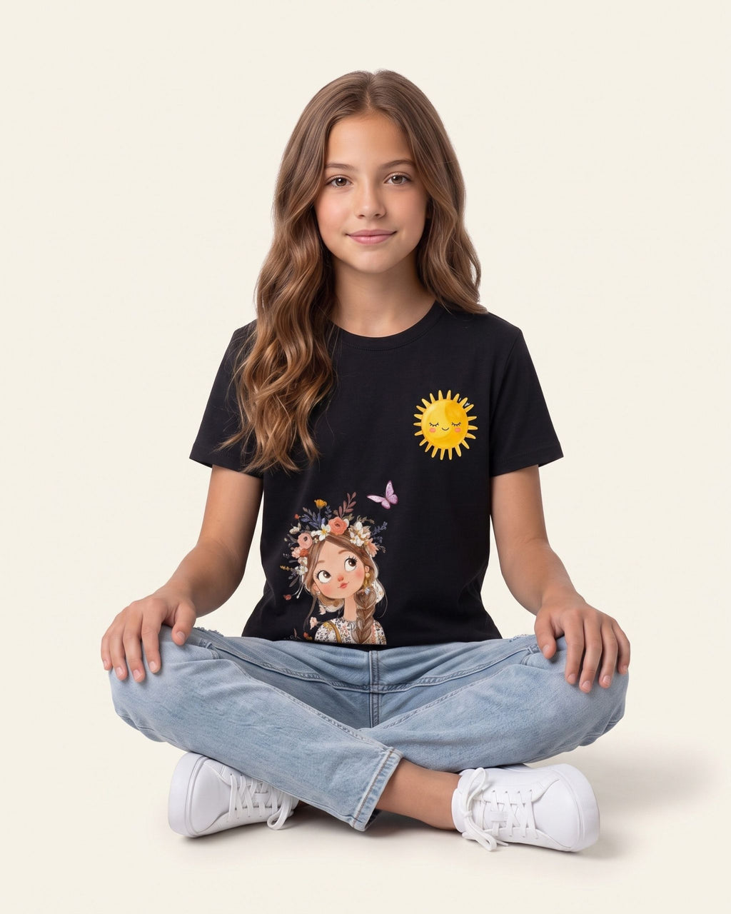 Girls Sunflower Fairy Tee — Black
