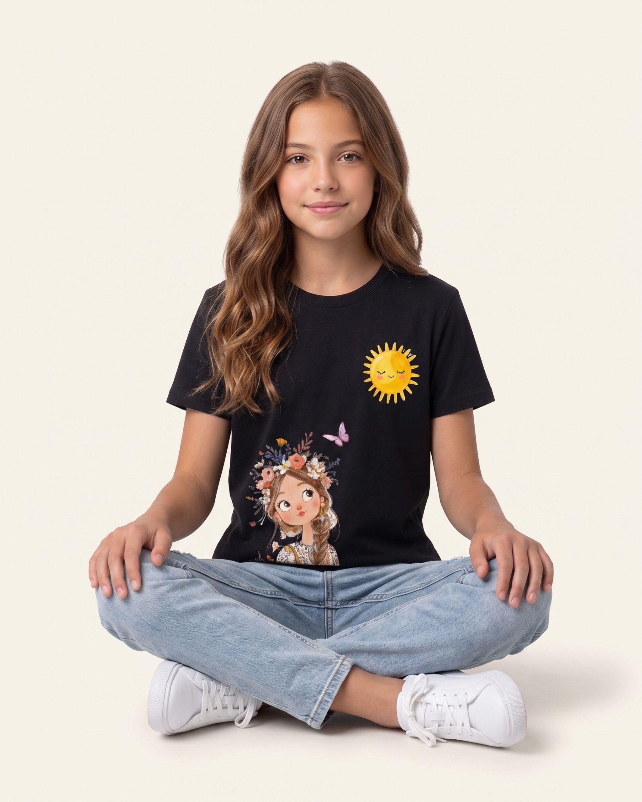 Girls Sunflower Fairy Tee — Black