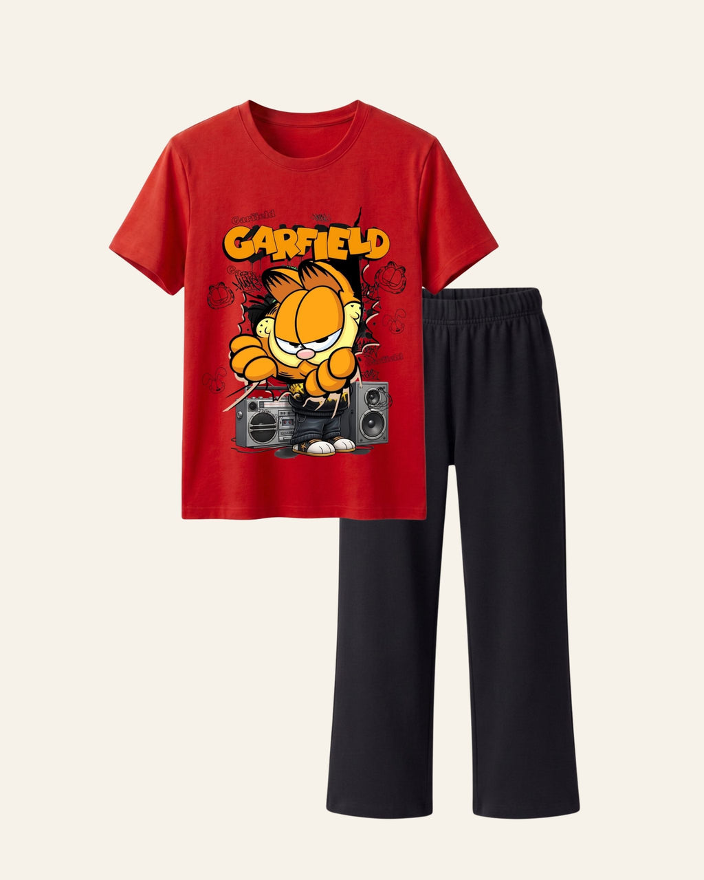 Red kids tee with a cartoon cat and speakers print and matching black trousers