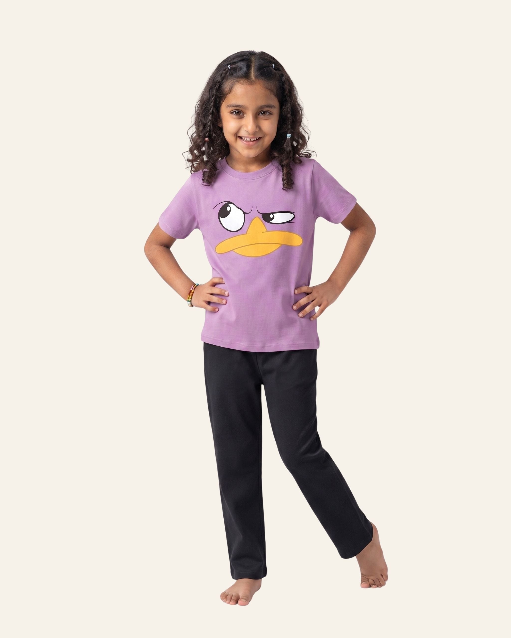 Girls Duck Face Trouser Set — Lilac
