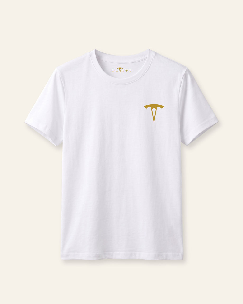 Kids white basic tee with the OUTCAST logo, flat front