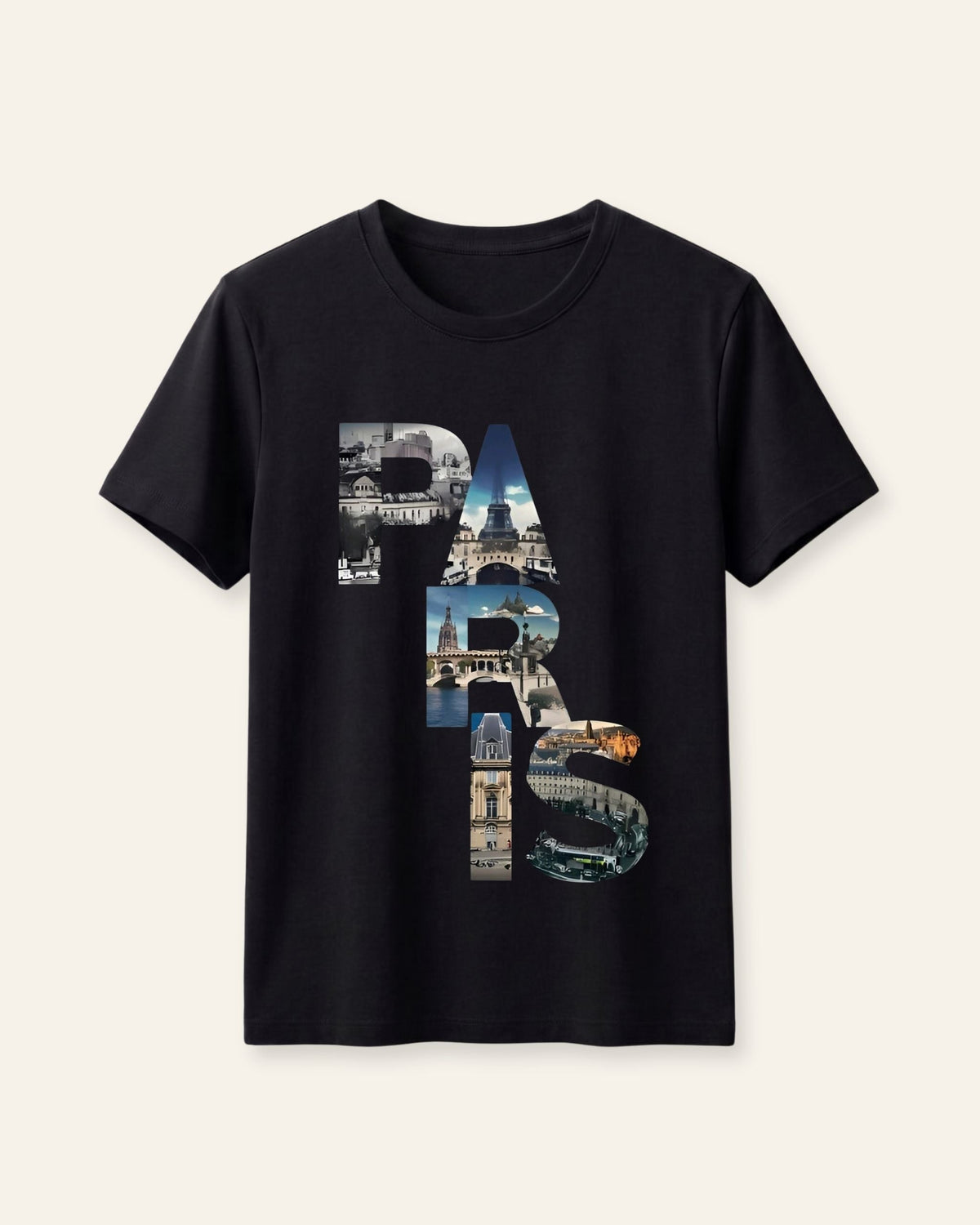 Black kids cotton tee with PARIS block lettering filled with city photos