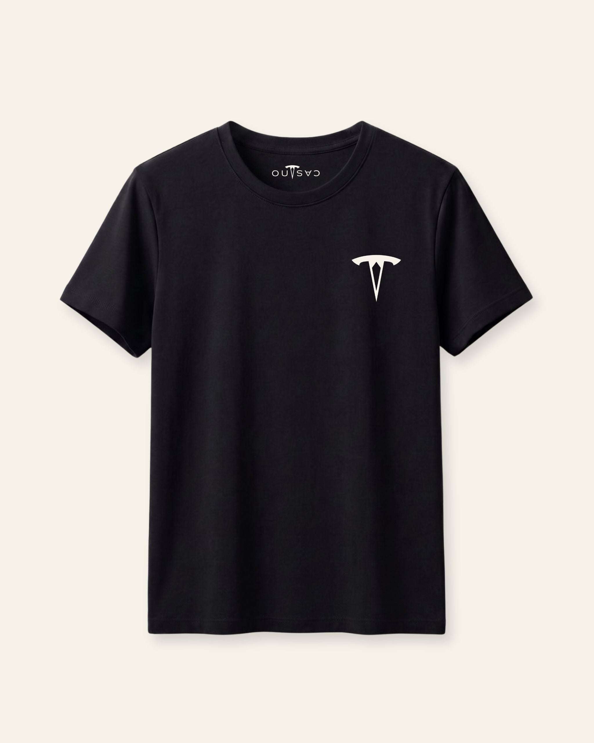 Kids black basic tee with a white OUTCAST logo, flat front