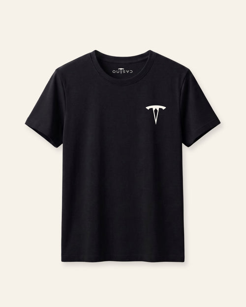 Kids black basic tee with a white OUTCAST logo, flat front