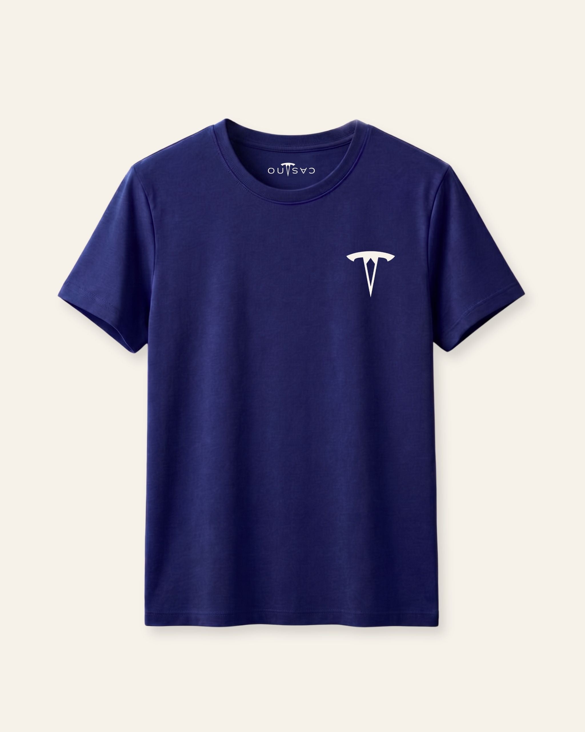 Kids navy basic tee with a white OUTCAST logo, flat front