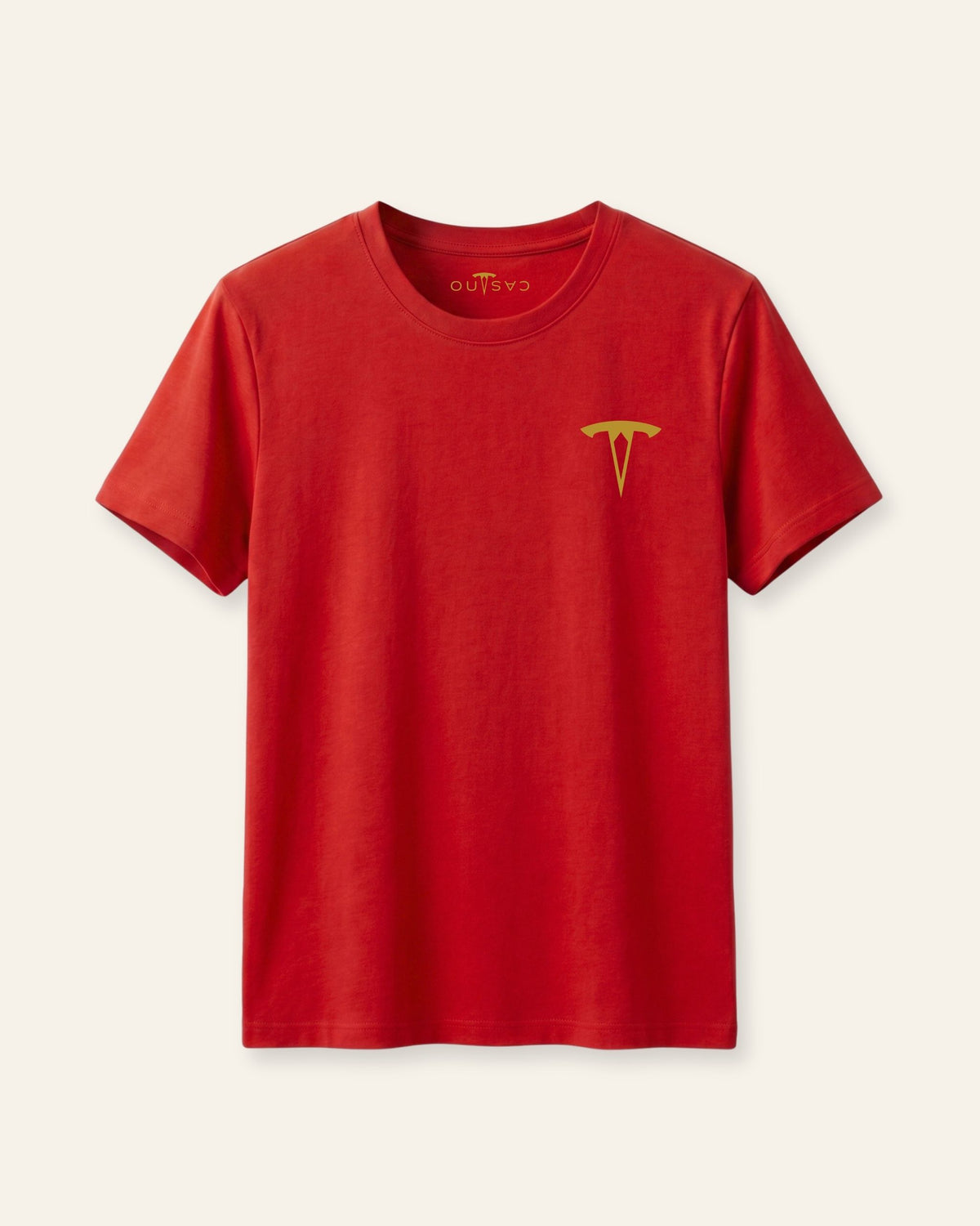 Kids red basic tee with a gold OUTCAST logo, flat front