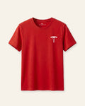 Kids red basic tee with a white OUTCAST logo, flat front