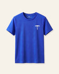 Kids royal blue basic tee with a white OUTCAST logo, flat front