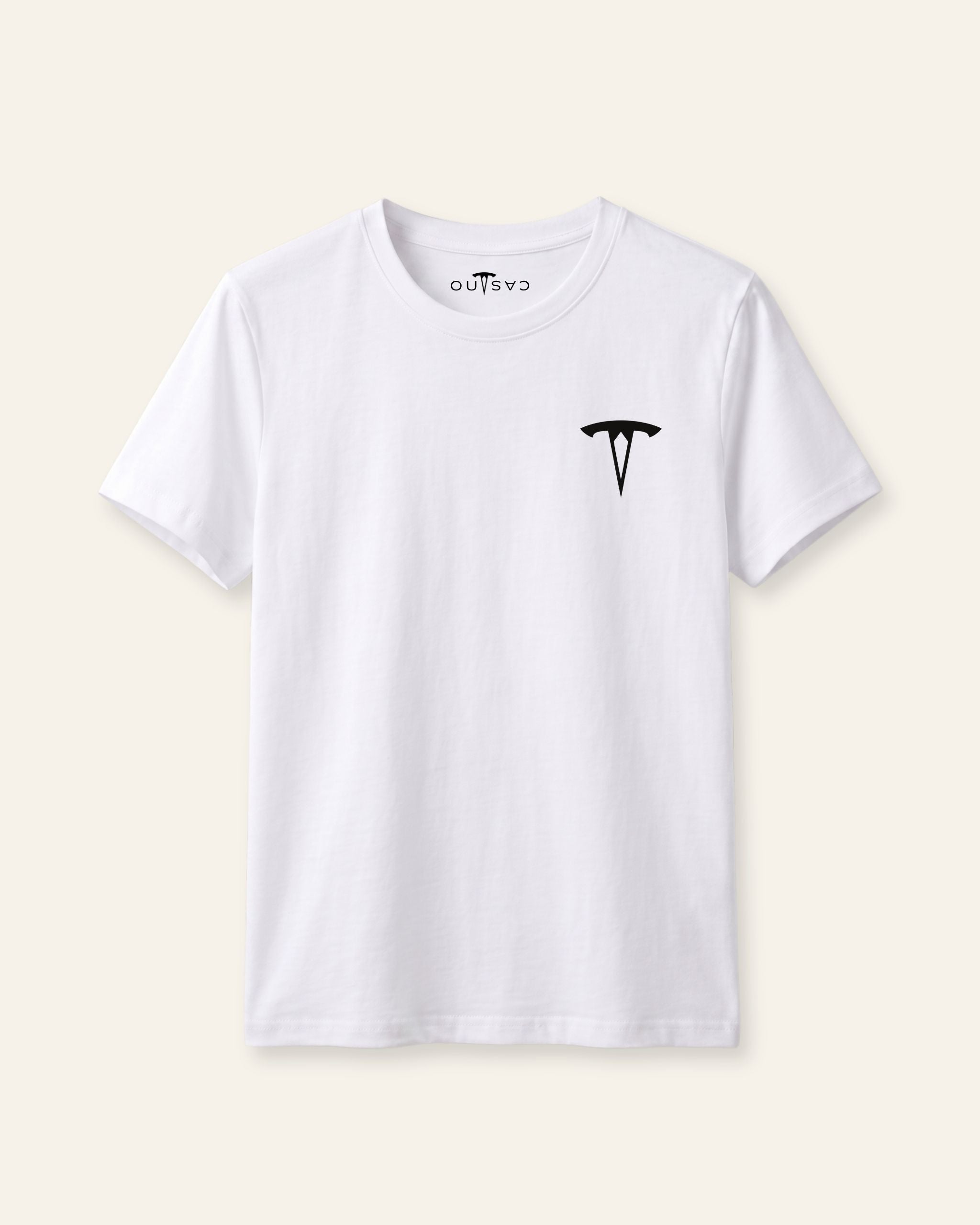 Kids white basic tee with a black OUTCAST logo, flat front